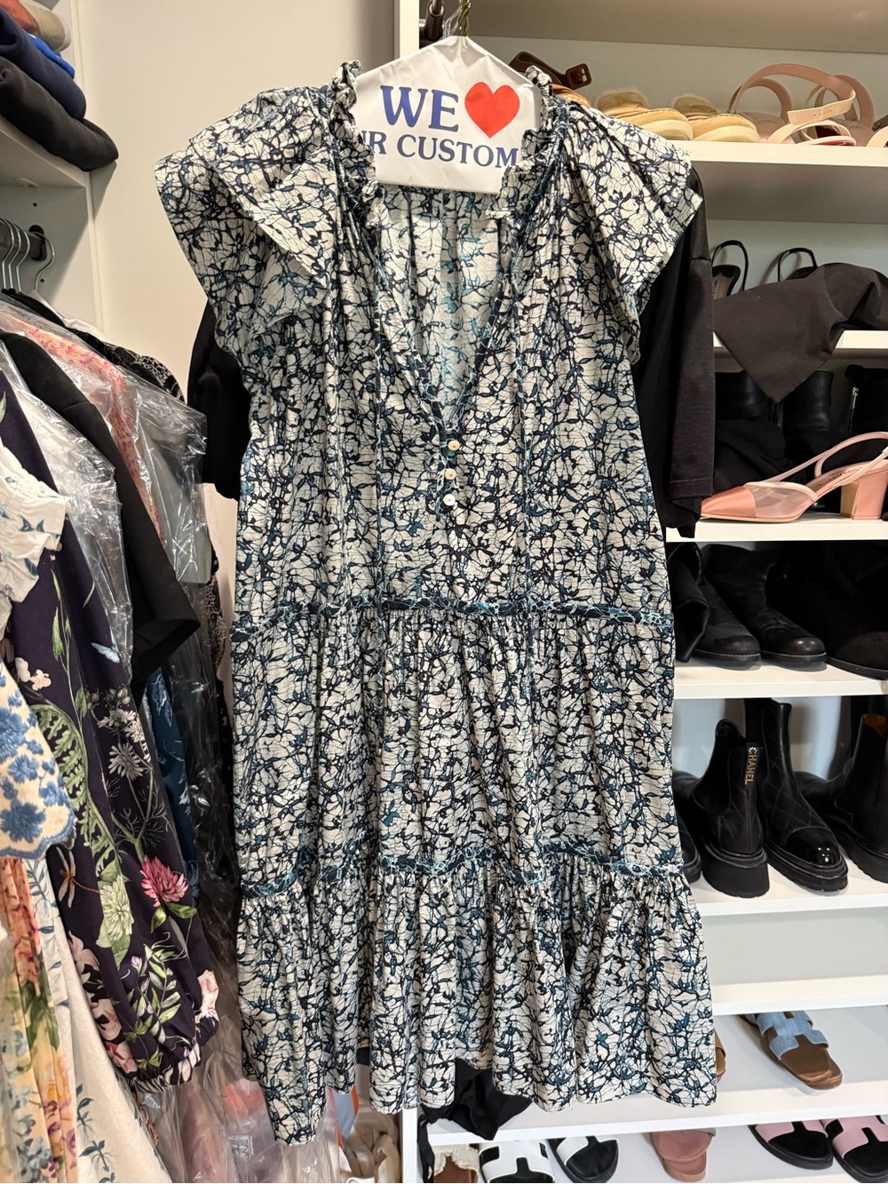Veronica Beard Blue and White Floral Tiered Midi Dress